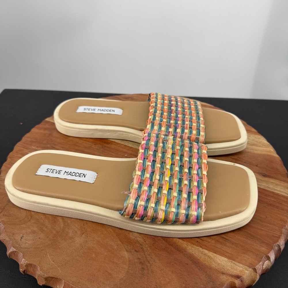 Steve‎ Madden Leigh sz 9 Woven Straw Slide Sandals multi-colored woven design